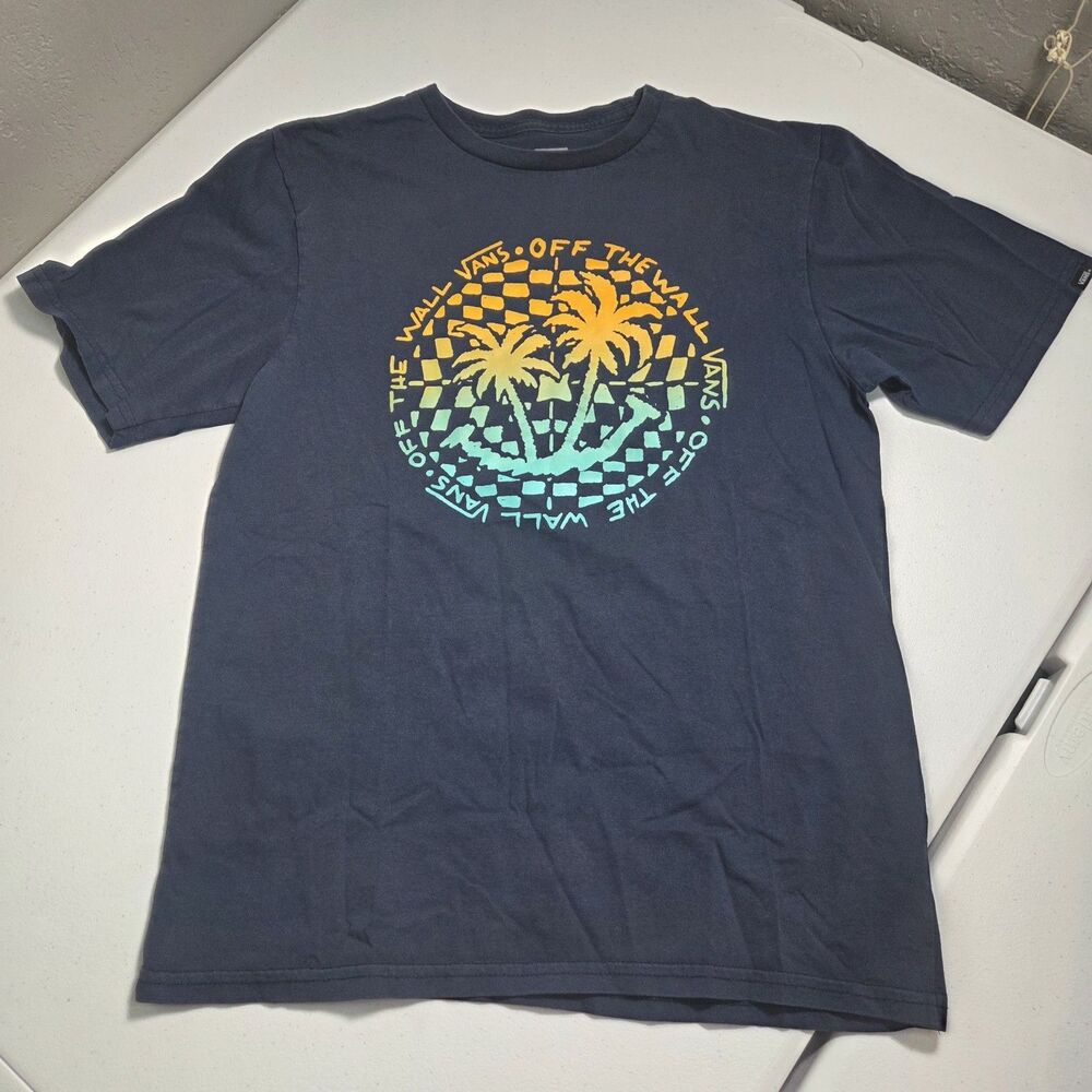 Vans Off The Wall T-Shirt Youth XL / Mens Small Navy Blue Palm Tree Checkerboard